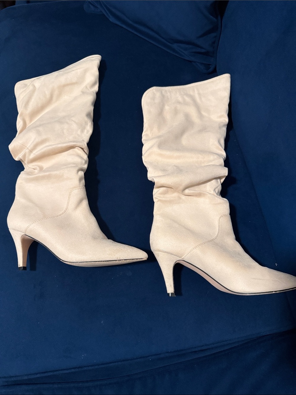 Slouch Knee-High Heeled Boots in Cream